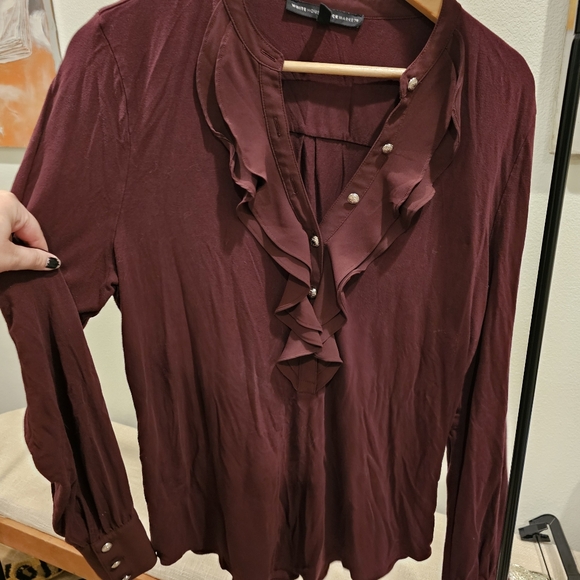 White House Black Market maroon long sleeve top with ruffle and button details - Picture 2 of 4